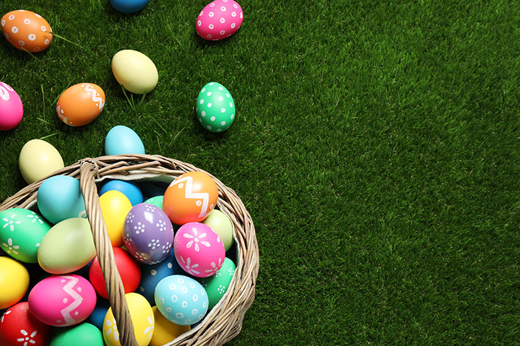 Colorful Easter eggs in basket on green grass, above view. Space