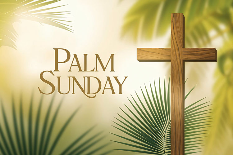 Palm Sunday celebration. Wooden cross and vibrant palm leaves, s